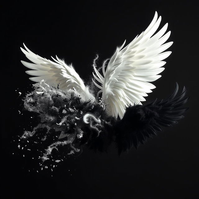 A dramatic scene depicting a white wing and a black wing disintegrating into ashes, set against a contrasting background that highlights the transition from solid form to ethereal dust