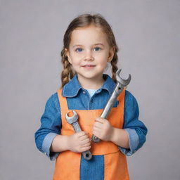 A charming little girl in modern attire confidently holding two wrenches in her hands