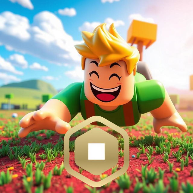 A vibrant and cheerful cartoon character with spiky blonde hair, wearing a green shirt and suspenders, playfully crawling on a grass-filled field under a bright blue sky with fluffy clouds