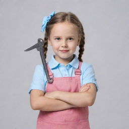 A charming little girl in modern attire confidently holding two wrenches in her hands