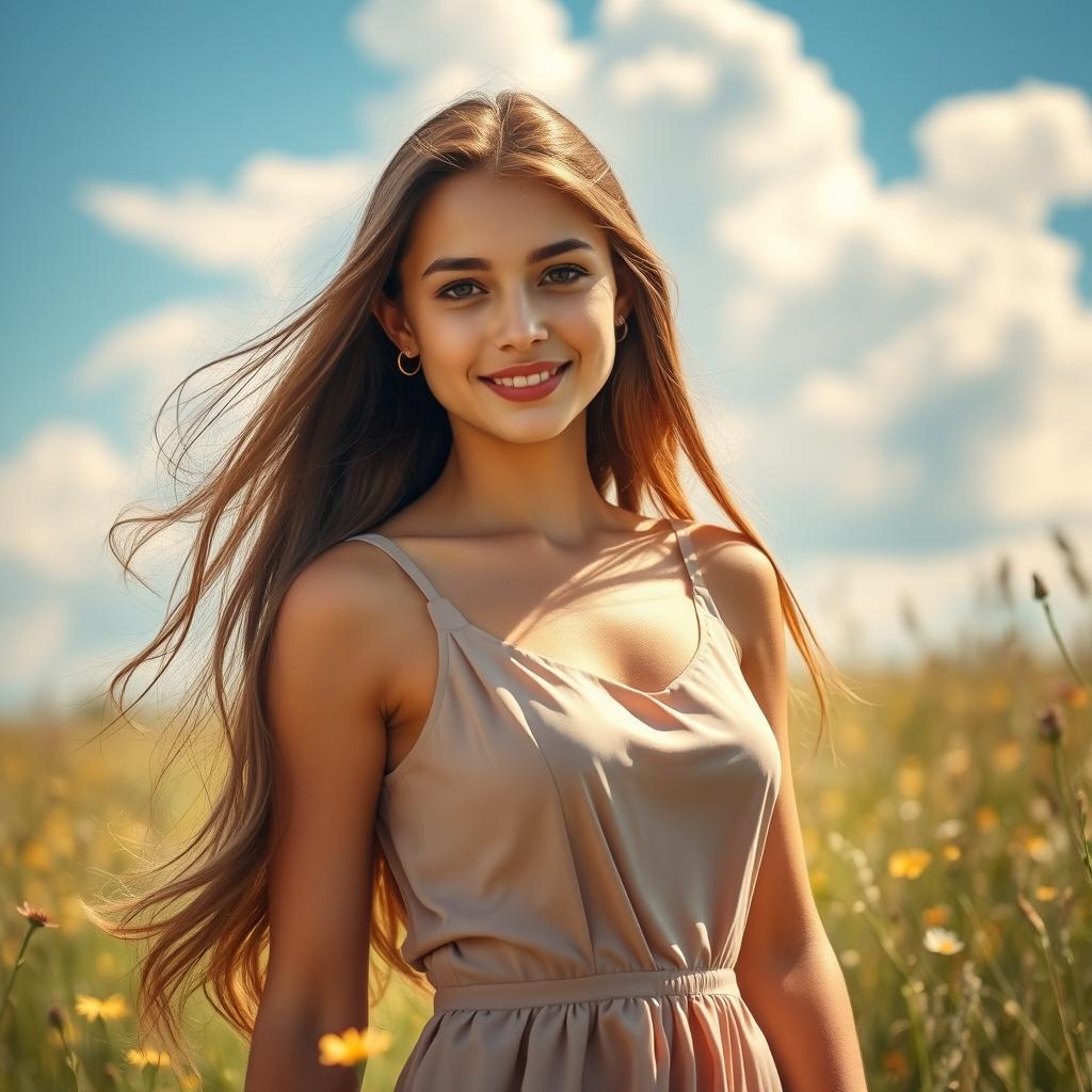 A beautiful young adult woman with long flowing hair, wearing a stylish dress, standing in a sunlit meadow