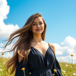 A beautiful young adult woman with long flowing hair, wearing a stylish dress, standing in a sunlit meadow