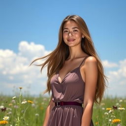 A beautiful young adult woman with long flowing hair, wearing a stylish dress, standing in a sunlit meadow