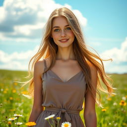 A beautiful young adult woman with long flowing hair, wearing a stylish dress, standing in a sunlit meadow