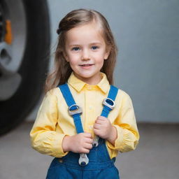 A charming little girl in modern attire confidently holding two wrenches in her hands