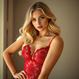 A stunning hot blonde woman in her twenties, posing confidently in elegant red lingerie