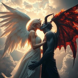 An angel and a demon passionately kissing, surrounded by an ethereal glow as their magnificent wings disintegrate into ashes, creating a mystical and romantic atmosphere