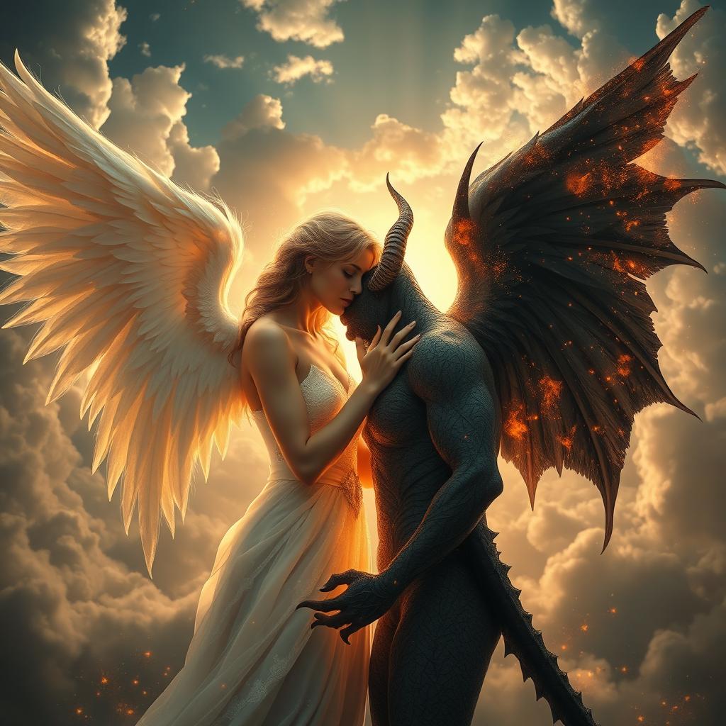 An angel and a demon passionately kissing, surrounded by an ethereal glow as their magnificent wings disintegrate into ashes, creating a mystical and romantic atmosphere