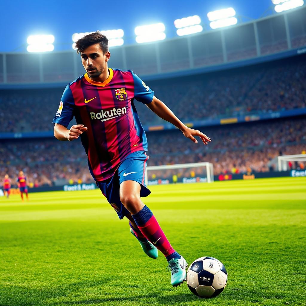 A vibrant and energetic football scene featuring Lamine Yamal wearing the iconic FC Barcelona jersey