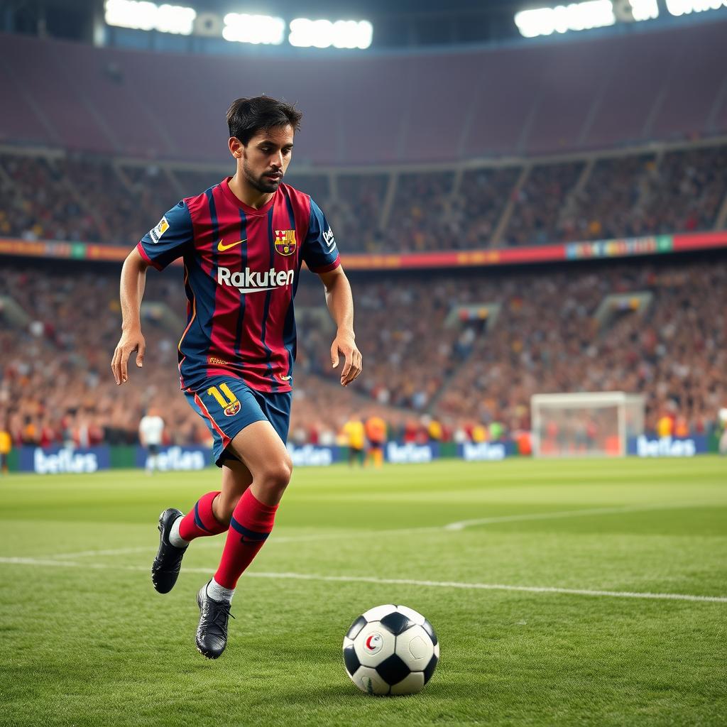 A vibrant and energetic football scene featuring Lamine Yamal wearing the iconic FC Barcelona jersey