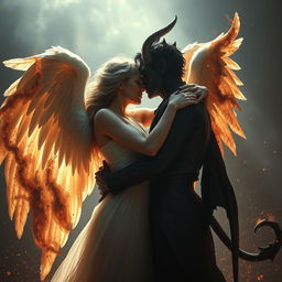 A romantic scene featuring an angel and a demon embracing each other passionately