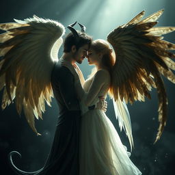 A romantic scene featuring an angel and a demon embracing each other passionately