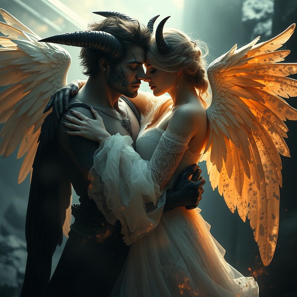 A romantic scene featuring an angel and a demon embracing each other passionately