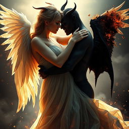 A romantic scene featuring an angel and a demon embracing each other passionately