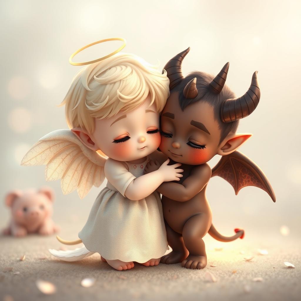 A heartwarming scene depicting a small angel and a small demon embracing each other