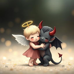 A heartwarming scene depicting a small angel and a small demon embracing each other