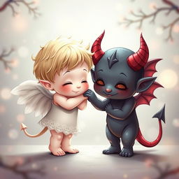 A heartwarming scene depicting a small angel and a small demon embracing each other