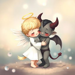 A heartwarming scene depicting a small angel and a small demon embracing each other