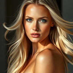 A hot blonde Scandinavian woman, radiating elegance and confidence, posed artistically to emphasize her natural beauty