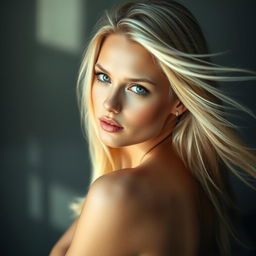 A hot blonde Scandinavian woman, radiating elegance and confidence, posed artistically to emphasize her natural beauty