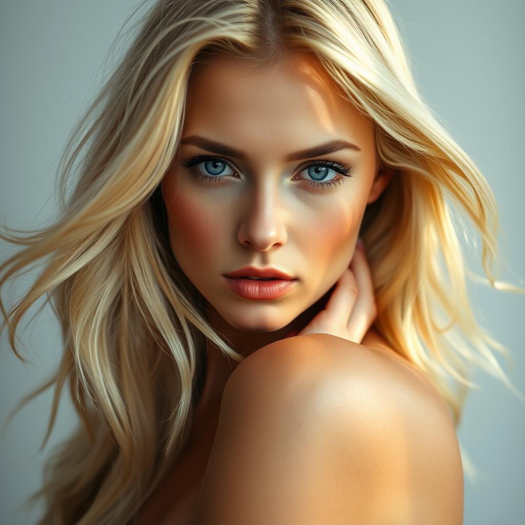 A hot blonde Scandinavian woman, radiating elegance and confidence, posed artistically to emphasize her natural beauty