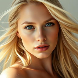 A hot blonde Scandinavian woman, radiating elegance and confidence, posed artistically to emphasize her natural beauty