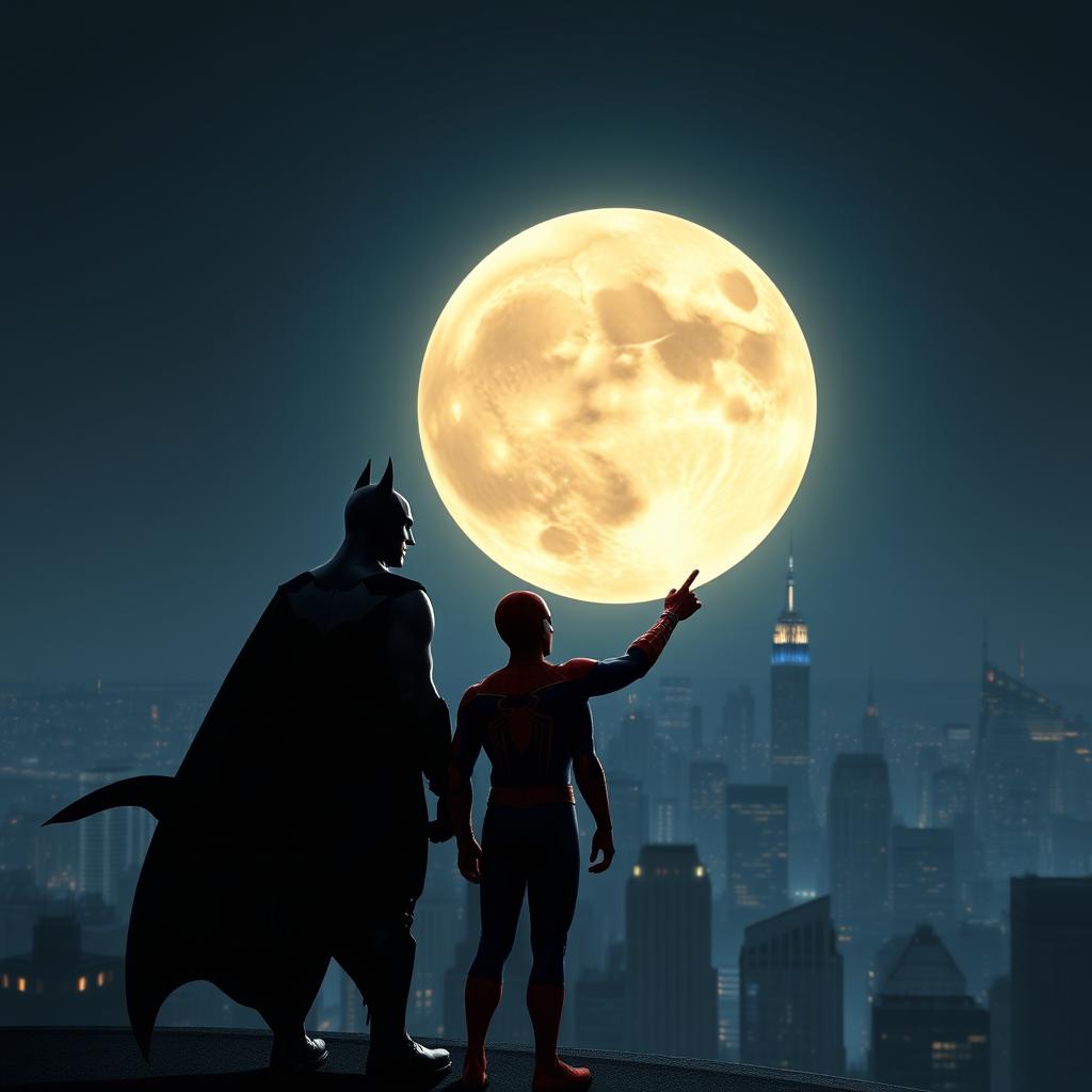 Batman and Spiderman together, standing side by side on a rooftop, gazing at the large, glowing full moon