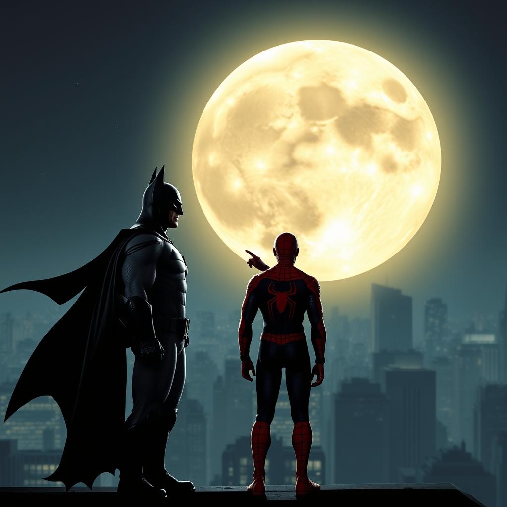 Batman and Spiderman together, standing side by side on a rooftop, gazing at the large, glowing full moon