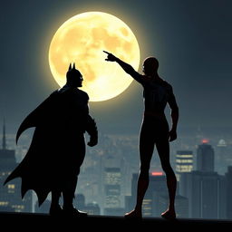 Batman and Spiderman together, standing side by side on a rooftop, gazing at the large, glowing full moon