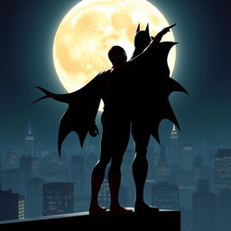 Batman and Spiderman together, standing side by side on a rooftop, gazing at the large, glowing full moon