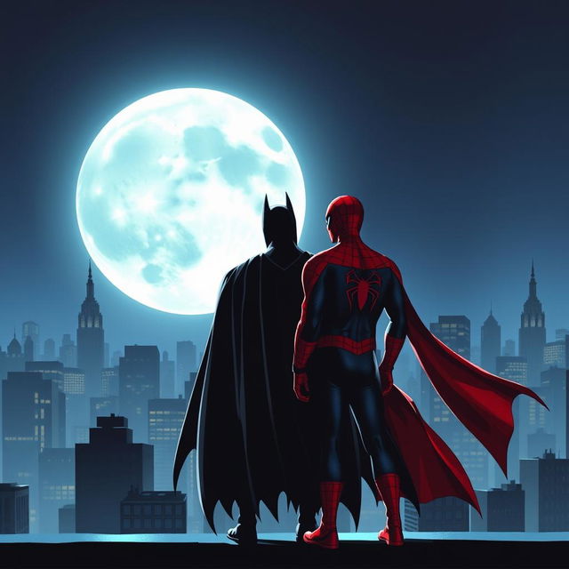 Batman and Spiderman together on a rooftop at night, gazing at a large, luminous full moon