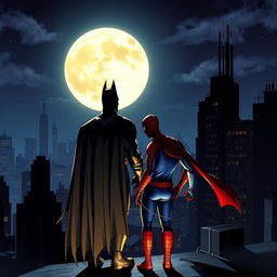 Batman and Spiderman together on a rooftop at night, gazing at a large, luminous full moon