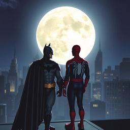 Batman and Spiderman together on a rooftop at night, gazing at a large, luminous full moon