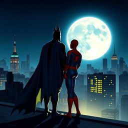 Batman and Spiderman together on a rooftop at night, gazing at a large, luminous full moon