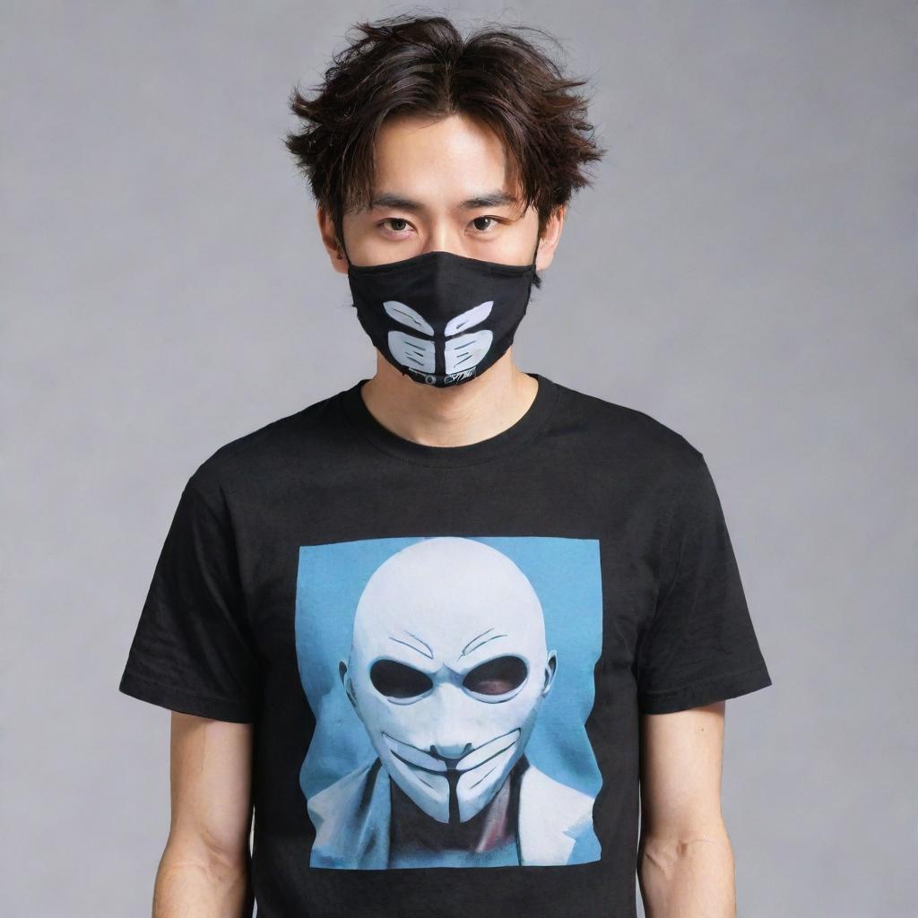 The cool anime character on the t-shirt is now in a state of rage, with a mask elegantly covering his mouth and nose.