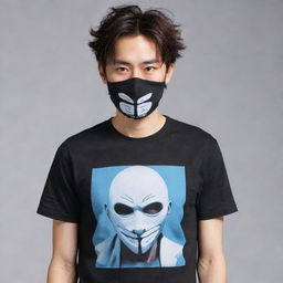 The cool anime character on the t-shirt is now in a state of rage, with a mask elegantly covering his mouth and nose.