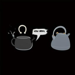 An image in the style of Disney animation featuring a chatty pot. The pot has a speech bubble saying 'you are black' directed towards a glossy black kettle.