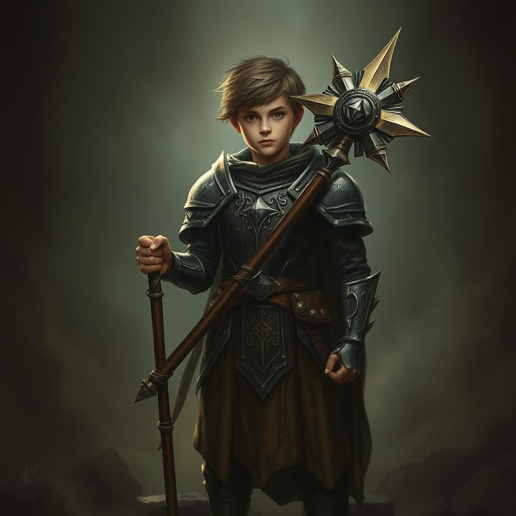 A young cleric standing in a dark, ominous environment