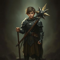 A young cleric standing in a dark, ominous environment