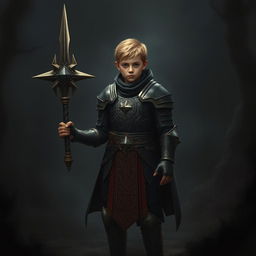 A young cleric standing in a dark, ominous environment