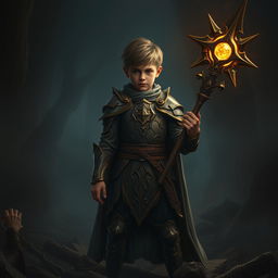 A young cleric standing in a dark, ominous environment