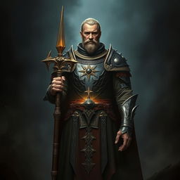 An adult cleric standing in a dark, ominous environment