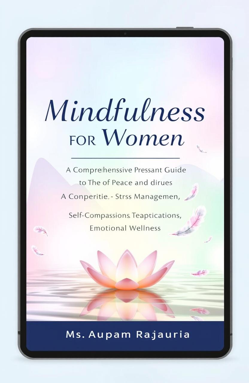 A serene and calming eBook cover design for a book titled 'Mindfulness for Women: Achieve Inner Peace and Confidence' with the subtitle 'A Comprehensive Guide to Stress Management, Self-Compassion, and Emotional Wellness