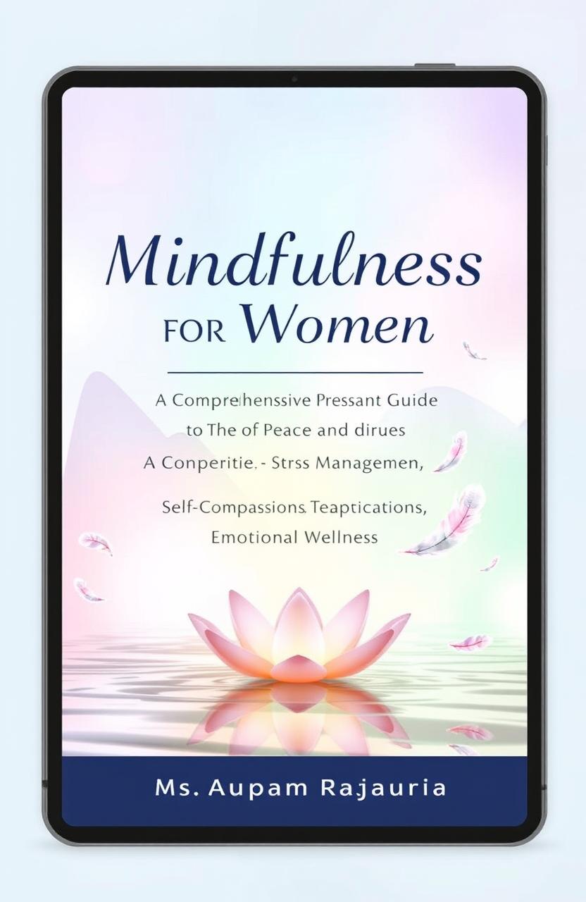 A serene and calming eBook cover design for a book titled 'Mindfulness for Women: Achieve Inner Peace and Confidence' with the subtitle 'A Comprehensive Guide to Stress Management, Self-Compassion, and Emotional Wellness