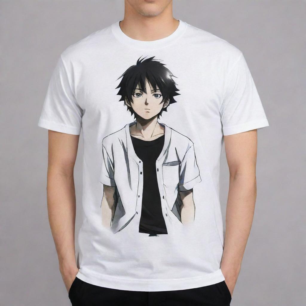 Enhance the anime character on the t-shirt, making him look exceptionally cool and impressive.