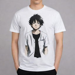 Enhance the anime character on the t-shirt, making him look exceptionally cool and impressive.