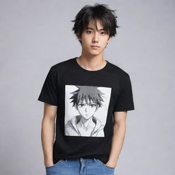 Enhance the anime character on the t-shirt, making him look exceptionally cool and impressive.