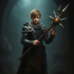 A teenage cleric standing in a dark, ominous environment