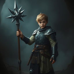 A teenage cleric standing in a dark, ominous environment