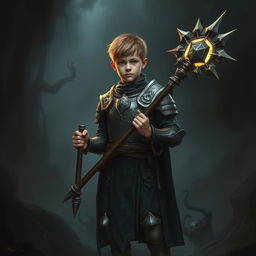 A teenage cleric standing in a dark, ominous environment